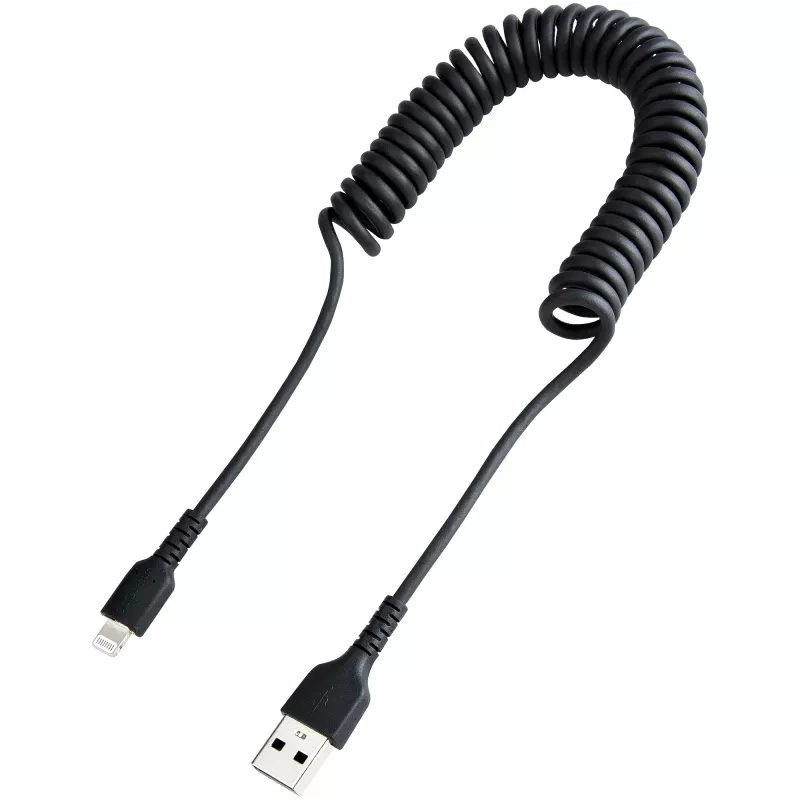 StarTech.com 1m (3 pėd.) USB į Lightning laidas, MFi sertifikuotas, spiralinis iPhone įkrovimo laidas, juodas, patvarus TPE apvalkalas, aramidinis pluoštas, tvirtas spiralinis Lightning laidas