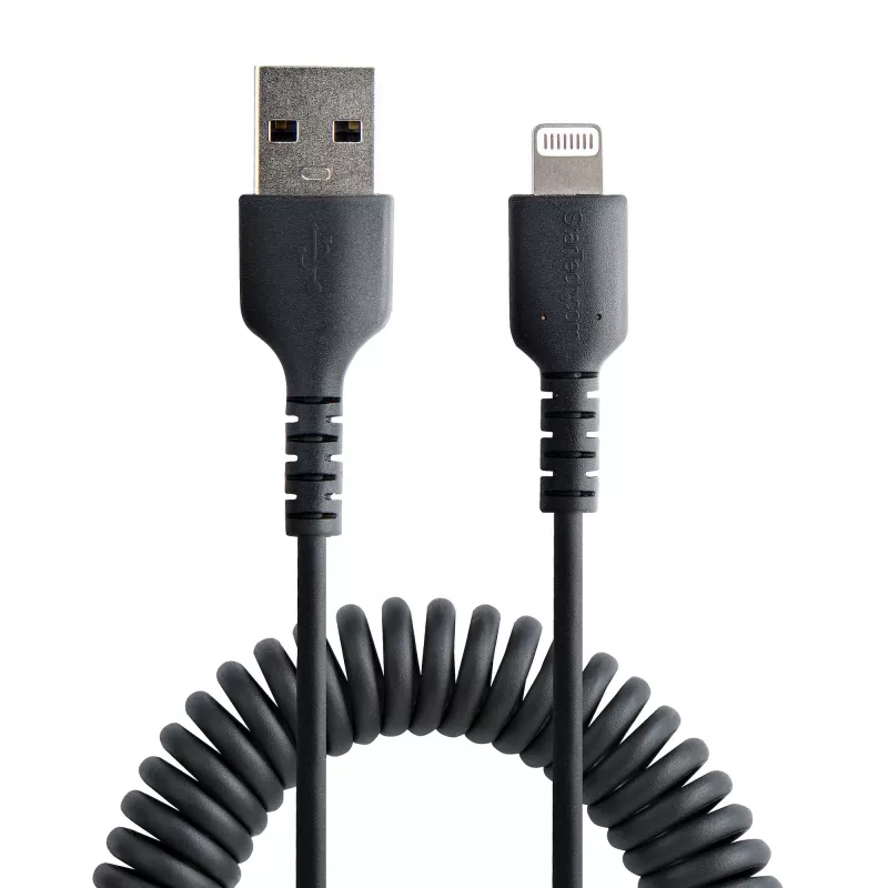 StarTech.com 1m (3 pėd.) USB į Lightning laidas, MFi sertifikuotas, spiralinis iPhone įkrovimo laidas, juodas, patvarus TPE apvalkalas, aramidinis pluoštas, tvirtas spiralinis Lightning laidas