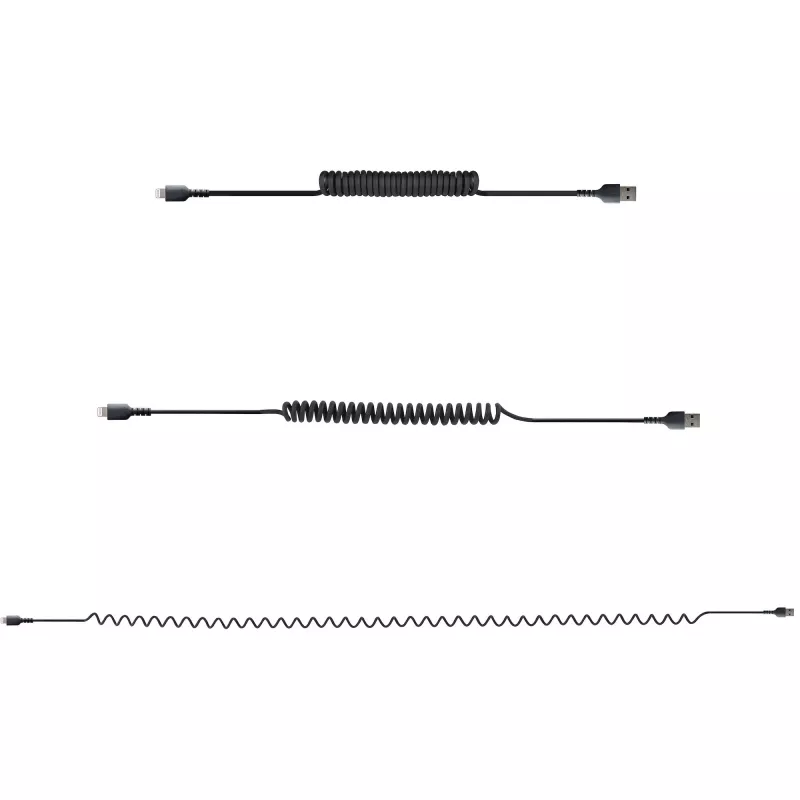StarTech.com 1m (3 pėd.) USB į Lightning laidas, MFi sertifikuotas, spiralinis iPhone įkrovimo laidas, juodas, patvarus TPE apvalkalas, aramidinis pluoštas, tvirtas spiralinis Lightning laidas