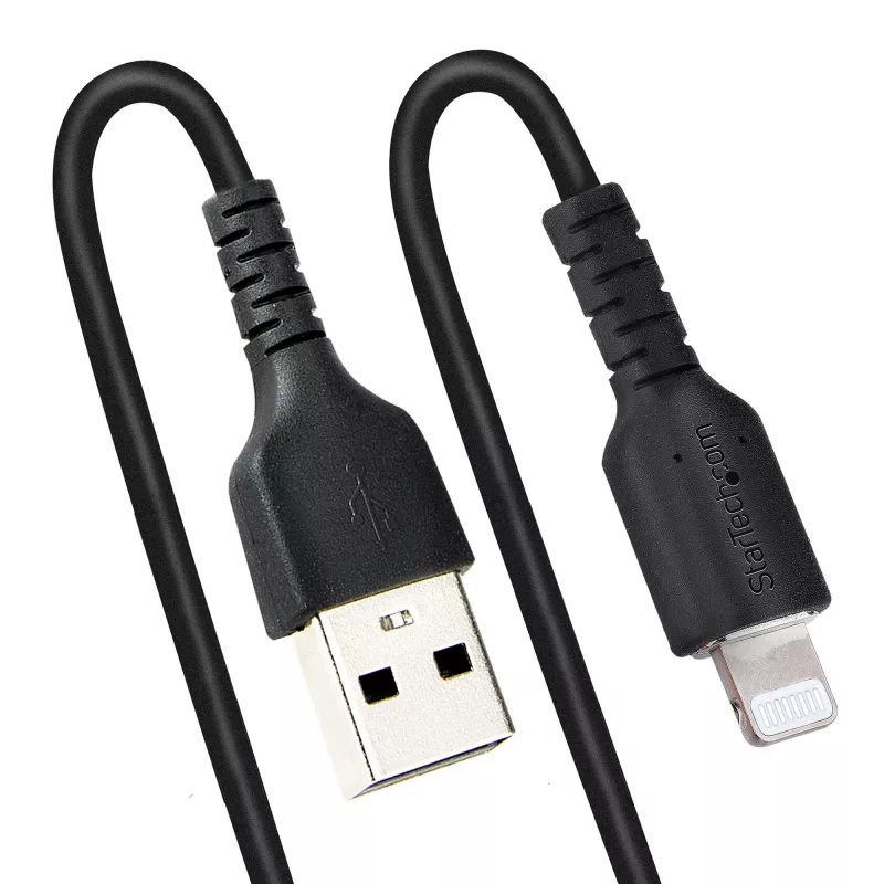 StarTech.com 1m (3 pėd.) USB į Lightning laidas, MFi sertifikuotas, spiralinis iPhone įkrovimo laidas, juodas, patvarus TPE apvalkalas, aramidinis pluoštas, tvirtas spiralinis Lightning laidas