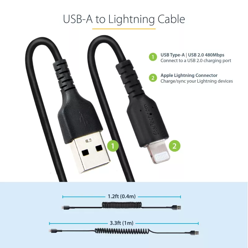 StarTech.com 1m (3 pėd.) USB į Lightning laidas, MFi sertifikuotas, spiralinis iPhone įkrovimo laidas, juodas, patvarus TPE apvalkalas, aramidinis pluoštas, tvirtas spiralinis Lightning laidas