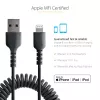 StarTech.com 1m (3 pėd.) USB į Lightning laidas, MFi sertifikuotas, spiralinis iPhone įkrovimo laidas, juodas, patvarus TPE apvalkalas, aramidinis pluoštas, tvirtas spiralinis Lightning laidas