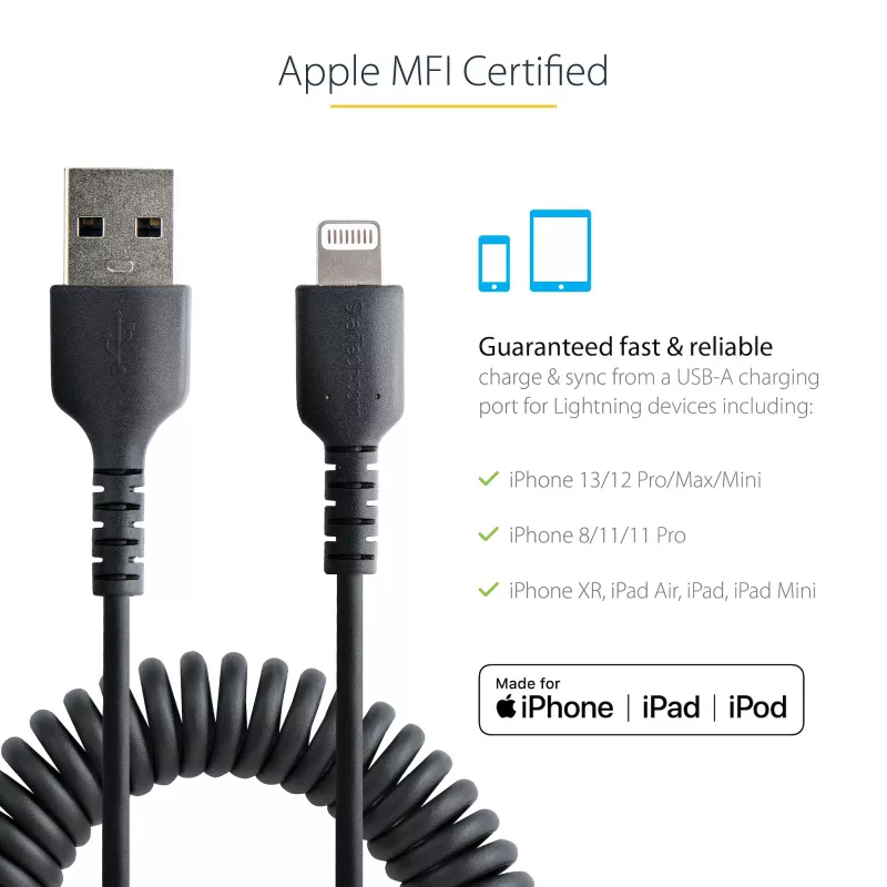 StarTech.com 1m (3 pėd.) USB į Lightning laidas, MFi sertifikuotas, spiralinis iPhone įkrovimo laidas, juodas, patvarus TPE apvalkalas, aramidinis pluoštas, tvirtas spiralinis Lightning laidas