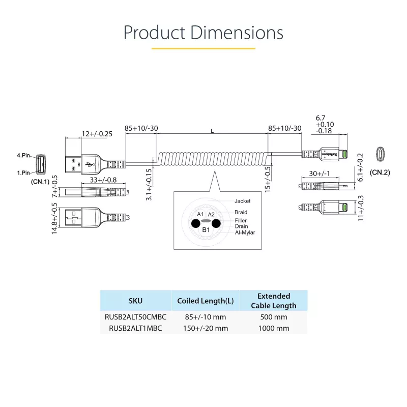 StarTech.com 1m (3 pėd.) USB į Lightning laidas, MFi sertifikuotas, spiralinis iPhone įkrovimo laidas, juodas, patvarus TPE apvalkalas, aramidinis pluoštas, tvirtas spiralinis Lightning laidas
