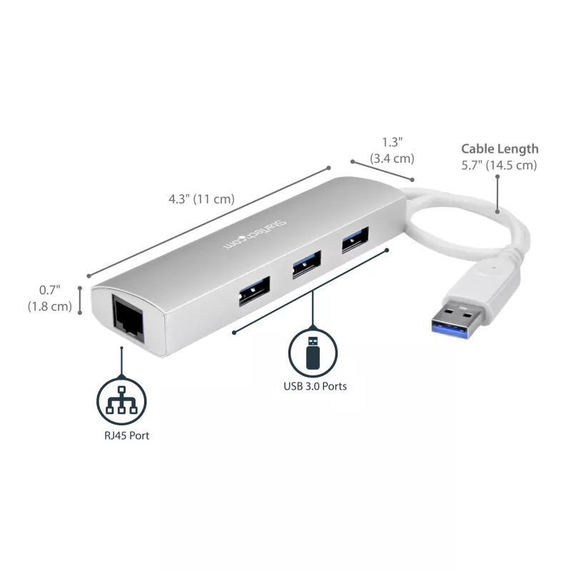 StarTech.com 3 prievadų nešiojamas USB 3.0 šakotuvas su Gigabit Ethernet – įmontuotas kabelis~3 prievadų nešiojamas USB 3.0 šakotuvas su Gigabit Ethernet – 5 Gbps – įmontuotas kabelis