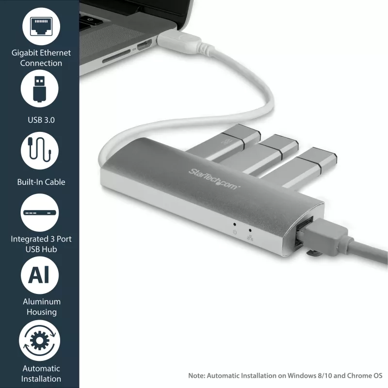 StarTech.com 3 prievadų nešiojamas USB 3.0 šakotuvas su Gigabit Ethernet – įmontuotas kabelis~3 prievadų nešiojamas USB 3.0 šakotuvas su Gigabit Ethernet – 5 Gbps – įmontuotas kabelis