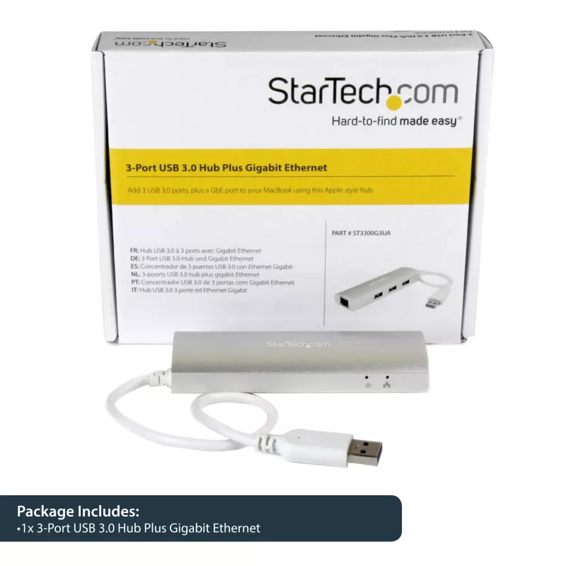 StarTech.com 3 prievadų nešiojamas USB 3.0 šakotuvas su Gigabit Ethernet – įmontuotas kabelis~3 prievadų nešiojamas USB 3.0 šakotuvas su Gigabit Ethernet – 5 Gbps – įmontuotas kabelis