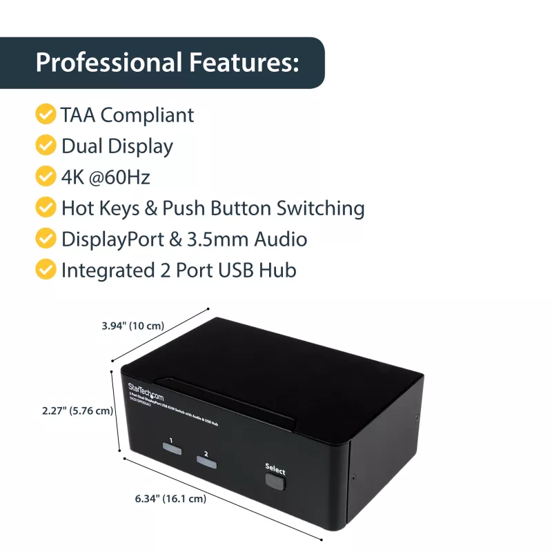 StarTech.com 2 prievadų DisplayPort dviejų monitorių KVM jungiklis – 4K 60Hz