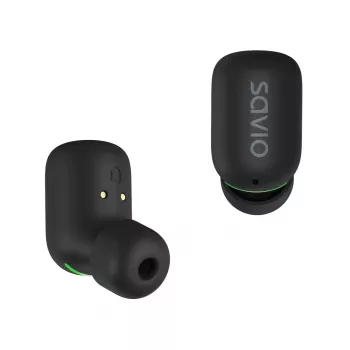 Belaidės į ausis įdedamos ausinės SAVIO TWS-09 — Bluetooth 5.1, binauralinės, 20–20000 Hz, 8 h pokalbių laikas, išorinė baterija, USB-C įkrovimas, juoda