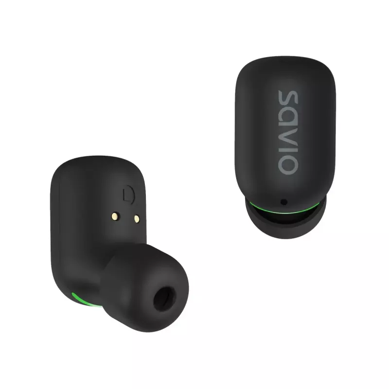 Belaidės į ausis įdedamos ausinės SAVIO TWS-09 — Bluetooth 5.1, binauralinės, 20–20000 Hz, 8 h pokalbių laikas, išorinė baterija, USB-C įkrovimas, juoda