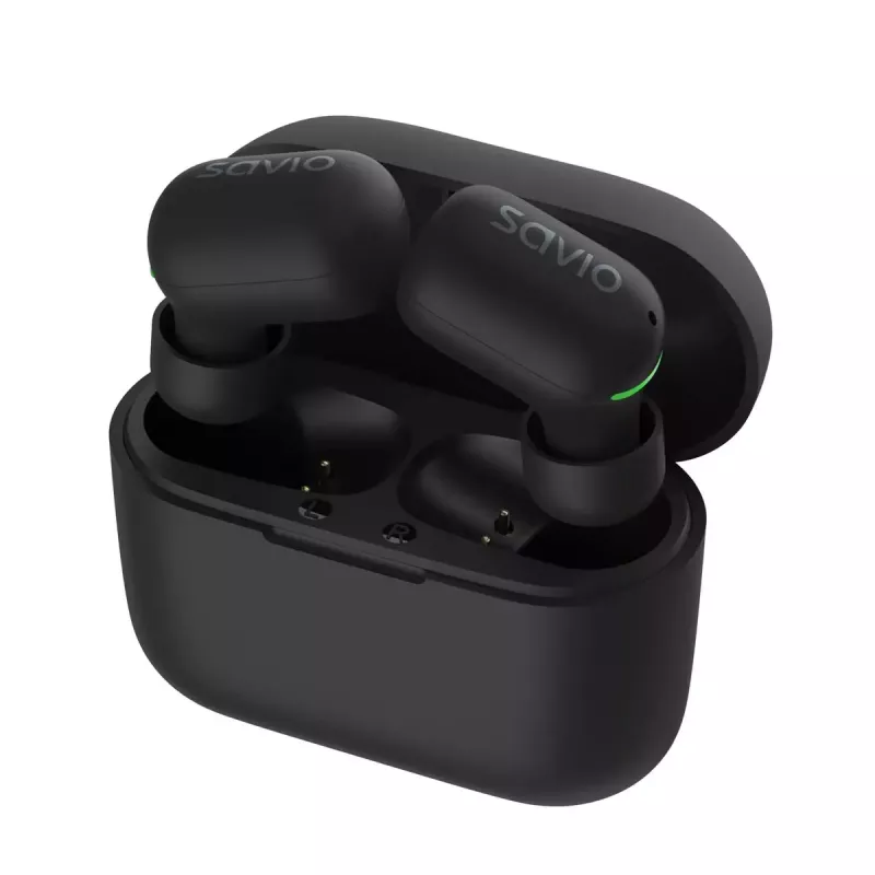 Belaidės į ausis įdedamos ausinės SAVIO TWS-09 — Bluetooth 5.1, binauralinės, 20–20000 Hz, 8 h pokalbių laikas, išorinė baterija, USB-C įkrovimas, juoda
