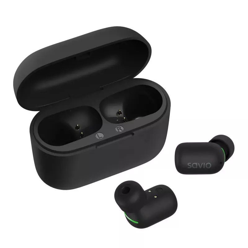 Belaidės į ausis įdedamos ausinės SAVIO TWS-09 — Bluetooth 5.1, binauralinės, 20–20000 Hz, 8 h pokalbių laikas, išorinė baterija, USB-C įkrovimas, juoda
