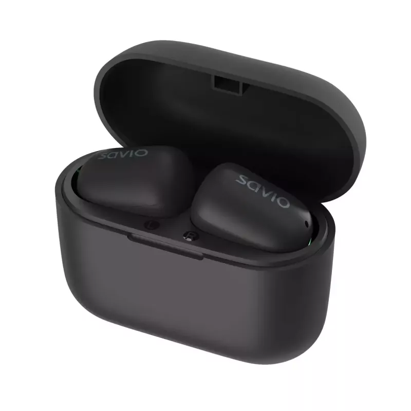 Belaidės į ausis įdedamos ausinės SAVIO TWS-09 — Bluetooth 5.1, binauralinės, 20–20000 Hz, 8 h pokalbių laikas, išorinė baterija, USB-C įkrovimas, juoda