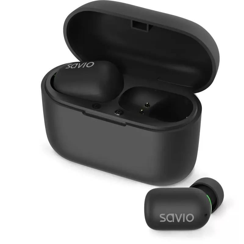 Belaidės į ausis įdedamos ausinės SAVIO TWS-09 — Bluetooth 5.1, binauralinės, 20–20000 Hz, 8 h pokalbių laikas, išorinė baterija, USB-C įkrovimas, juoda