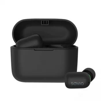 Belaidės į ausis įdedamos ausinės SAVIO TWS-09 — Bluetooth 5.1, binauralinės, 20–20000 Hz, 8 h pokalbių laikas, išorinė baterija, USB-C įkrovimas, juoda