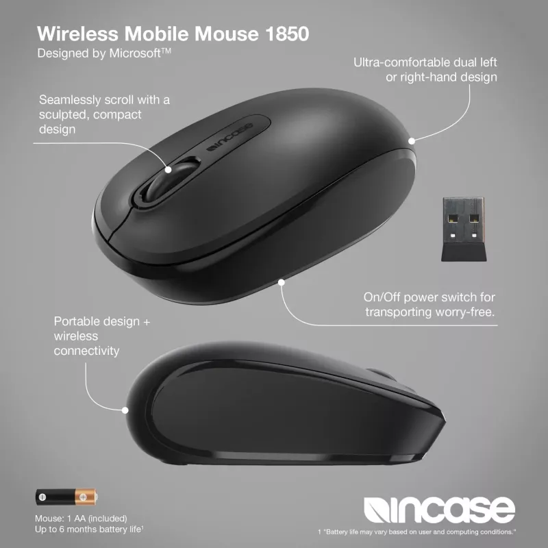 Incase Designed by Microsoft belaidė mobilioji pelė 1850, kelionėms, abiem rankoms tinkama, RF belaidė, optinė
