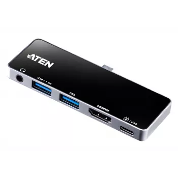 ATEN USB-C Travel Dock su maitinimo pralaidumu, Universalus, USB Type-C, Juoda, Sidabrinė