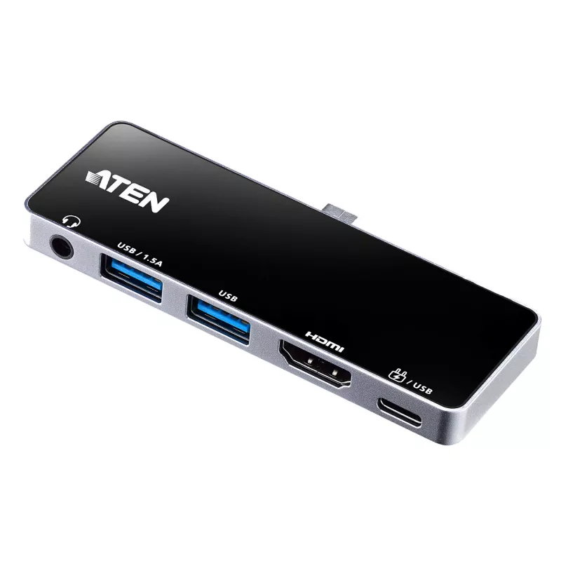 ATEN USB-C Travel Dock su maitinimo pralaidumu, Universalus, USB Type-C, Juoda, Sidabrinė