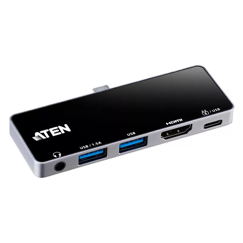 ATEN USB-C Travel Dock su maitinimo pralaidumu, Universalus, USB Type-C, Juoda, Sidabrinė