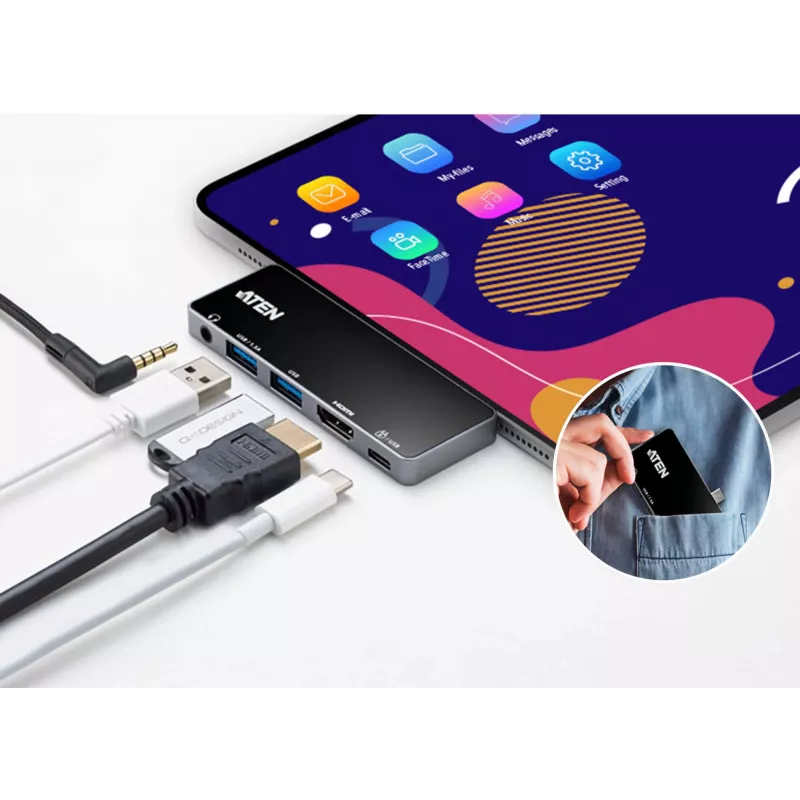 ATEN USB-C Travel Dock su maitinimo pralaidumu, Universalus, USB Type-C, Juoda, Sidabrinė
