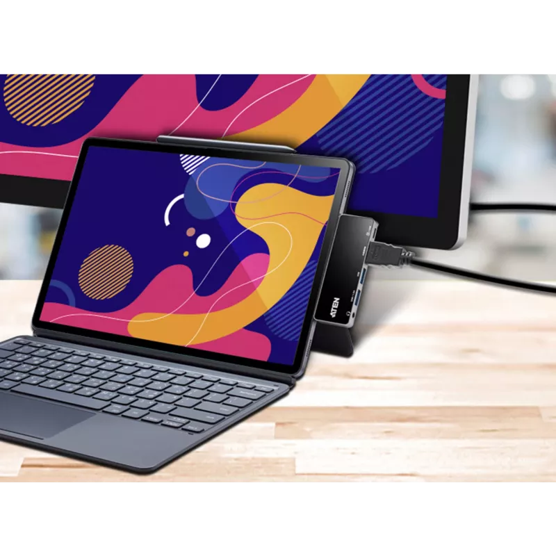 ATEN USB-C Travel Dock su maitinimo pralaidumu, Universalus, USB Type-C, Juoda, Sidabrinė