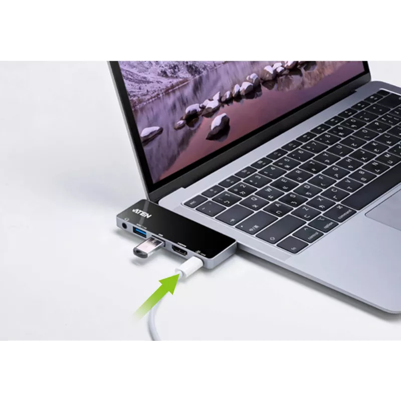 ATEN USB-C Travel Dock su maitinimo pralaidumu, Universalus, USB Type-C, Juoda, Sidabrinė