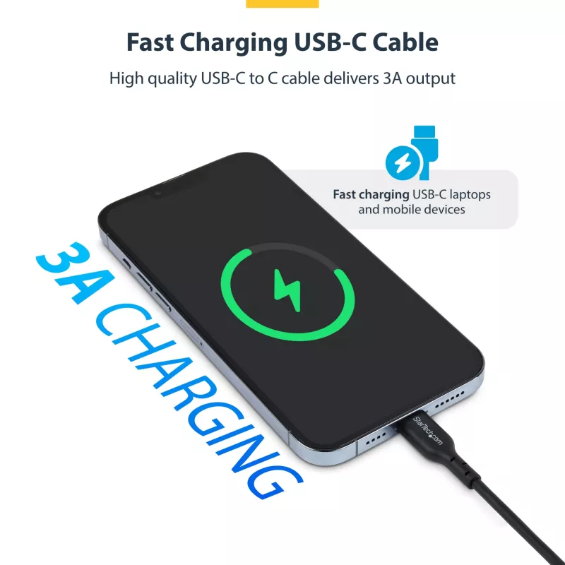 StarTech.com 13 pėdų (4 m) USB-C įkrovimo laidas, įkrovimas ir sinchronizavimas, 60 W (3 A) PD, USB 2.0 nešiojamojo kompiuterio įkroviklio laidas, TPE apvalkalas – juodas USB-C įkrovimo laidas