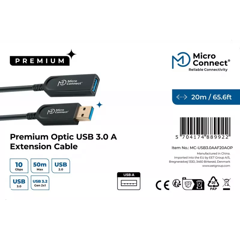 Microconnect USB3.0AAF20AOP USB laidas USB 3.2 Gen 1 (3.1 Gen 1) 20 m USB A Juodas