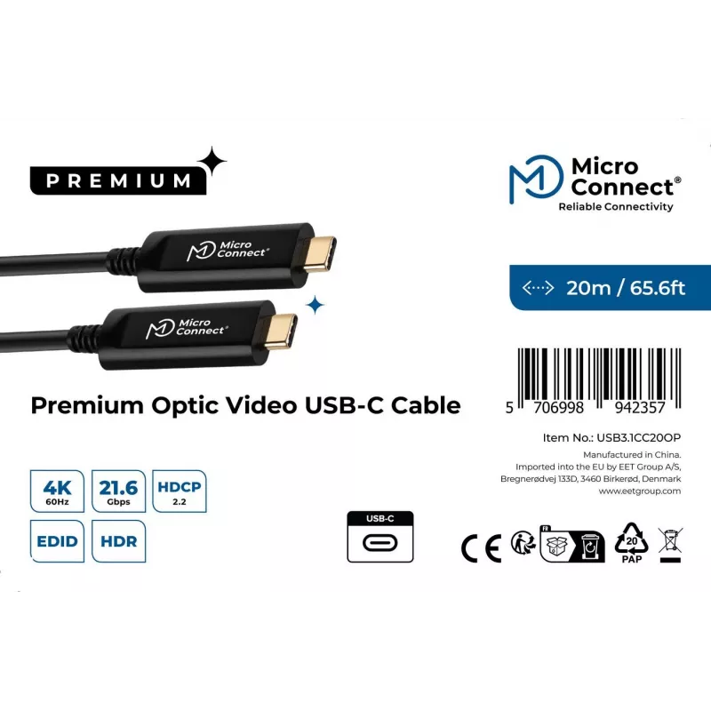 “Microconnect USB3.1CC20OP” USB laidas USB 3.2 Gen 2 (3.1 Gen 2) 20 m USB C Juoda
