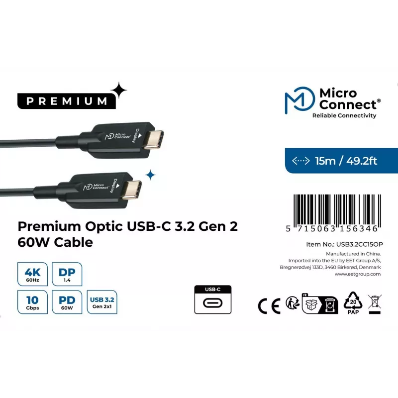 USB laidas Microconnect USB3.2CC15OP 15m USB C juodas 10 Gbit/s