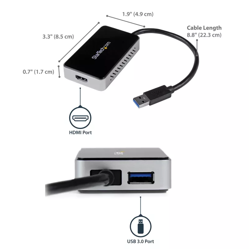 StarTech.com USB 3.0 į HDMI adapteris su 1x USB, USB į HDMI monitoriaus keitiklis, skirtas Windows (nepalaiko macOS/ChromeOS/Linux) – TAA