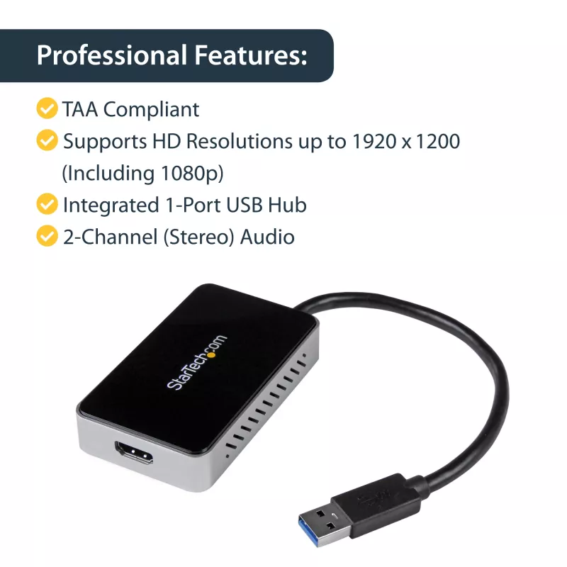 StarTech.com USB 3.0 į HDMI adapteris su 1x USB, USB į HDMI monitoriaus keitiklis, skirtas Windows (nepalaiko macOS/ChromeOS/Linux) – TAA