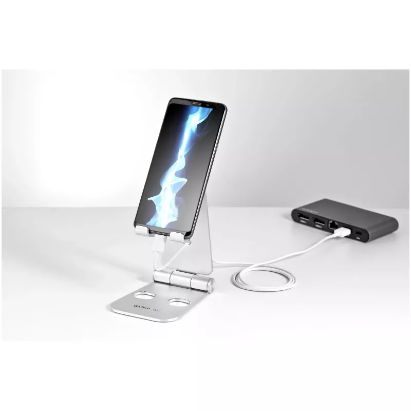 StarTech.com telefono ir planšetės stovas – sulankstomas universalus mobiliųjų įrenginių laikiklis išmaniesiems telefonams ir planšetėms – reguliuojamas kelių kampų ergonominis mobiliojo telefono stovas stalui – nešiojamas – sidabrinis