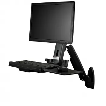 StarTech.com Sieninis darbo vietos laikiklis – Lankstus pilno judesio stovimas stalas su ergonomišku aukščio reguliavimo monitoriaus ir klaviatūros padėklo laikikliu – Pelės ir skaitytuvo laikikliai – Vienas VESA ekranas