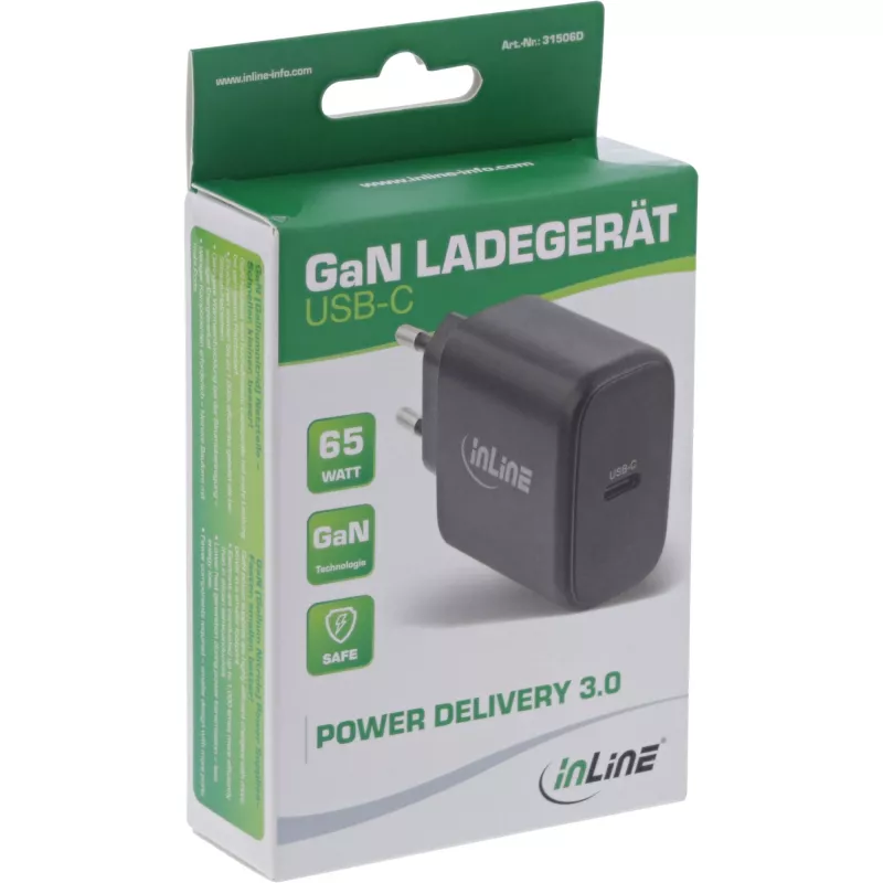 InLine USB PD maitinimo blokas, GaN įkroviklis, vienas USB-C, Power Delivery, 65 W