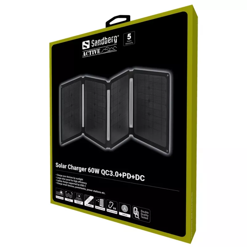 Sandberg Saulės įkroviklis 60W QC3.0+PD+DC Monokristalinis Juodas