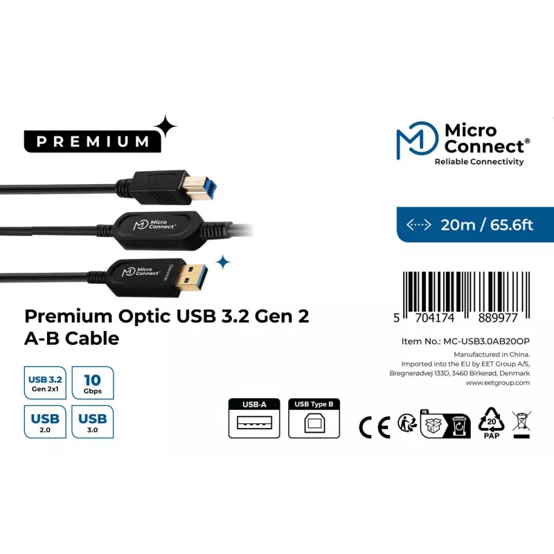 Microconnect MC-USB3.0AB20OP USB laidas USB 3.2 Gen 2 (3.1 Gen 2) 20 m USB A USB B juodas