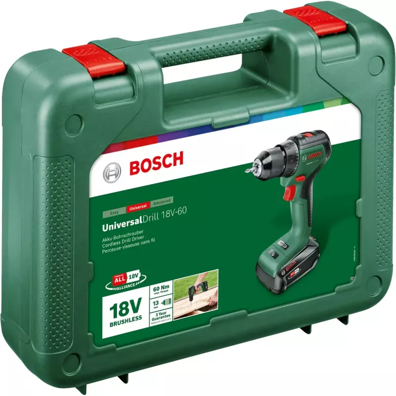 Bosch UniversalDrill 18V-60 1900 RPM greito užspaudimo 1,3 kg juoda, žalia