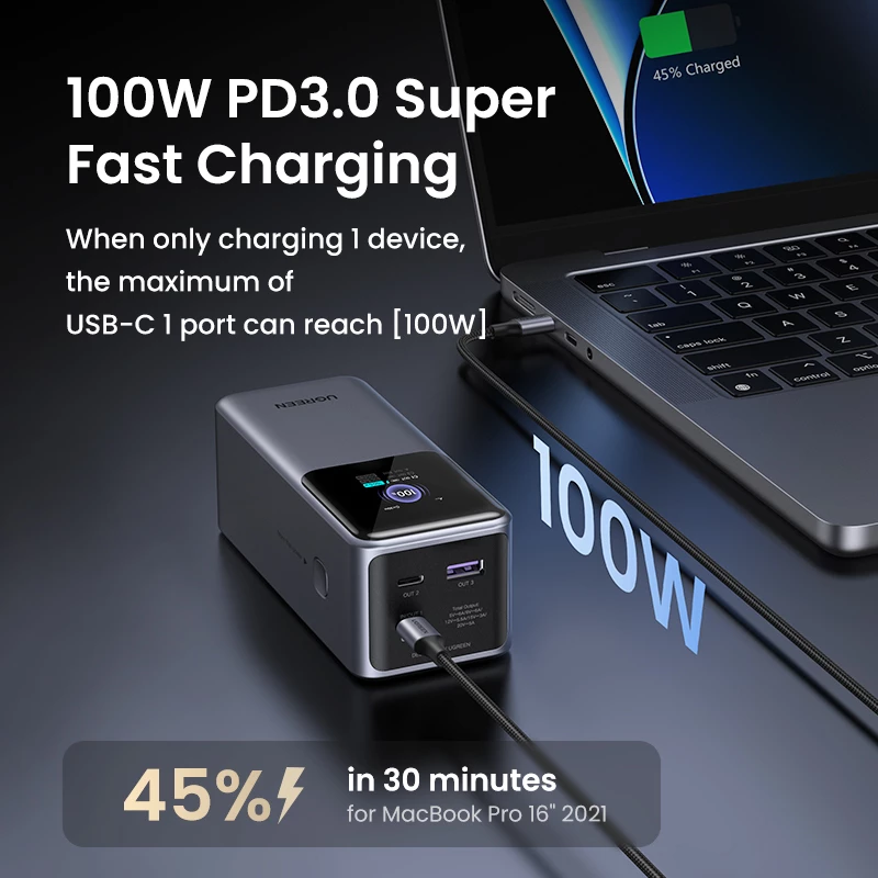 Ugreen 20000mAh 130W greitojo įkrovimo išorinė baterija Lithium pilka