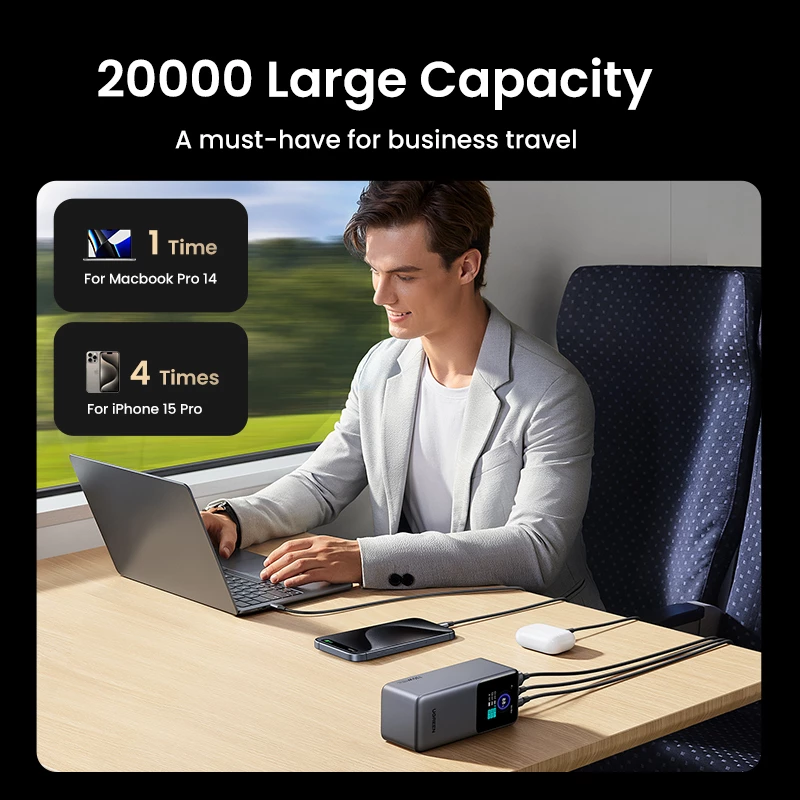 Ugreen 20000mAh 130W greitojo įkrovimo išorinė baterija Lithium pilka