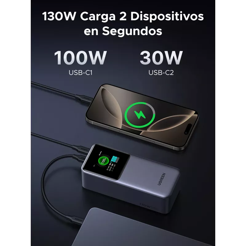 Ugreen 20000mAh 130W greitojo įkrovimo išorinė baterija Lithium pilka