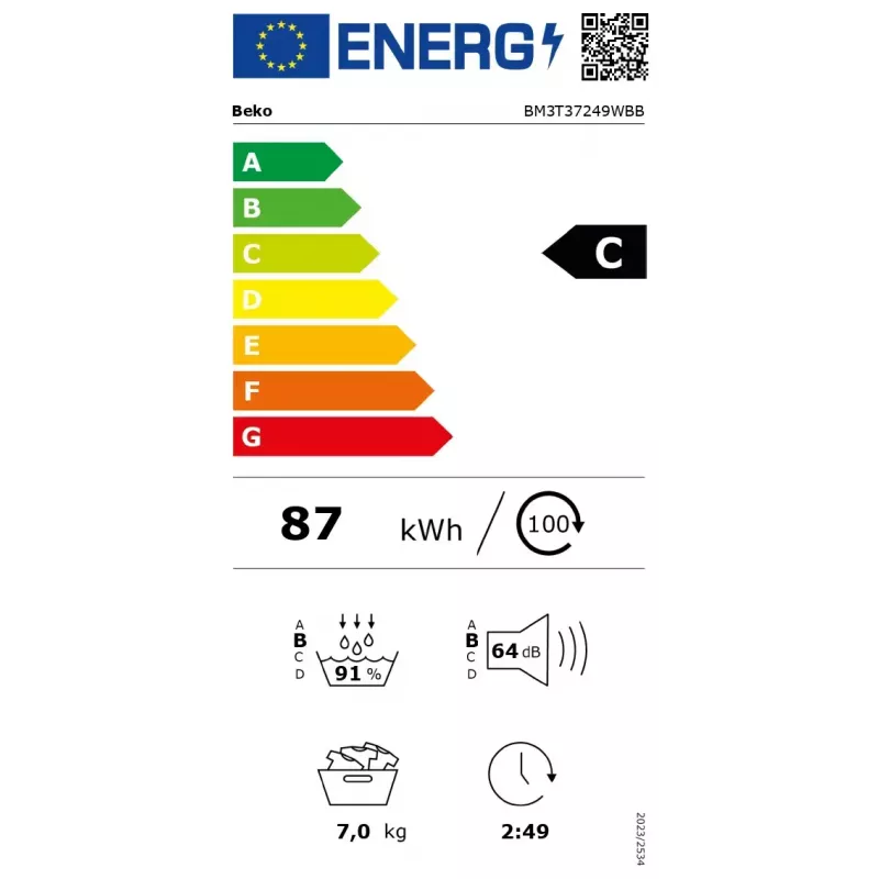 BEKO džiovyklė | BM3T37249WBB | Energijos efektyvumo klasė C | Įkrovimas iš priekio | 7 kg | Skaitmeninis | Gylis 54,5 cm | Balta