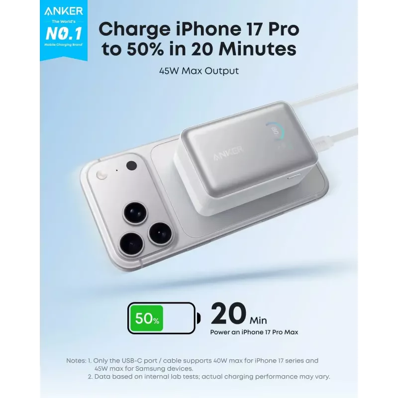 Išorinė baterija Anker Nano 45W su įmontuotu ištraukiamu USB-C laidu A1638H11 10000 mAh juoda