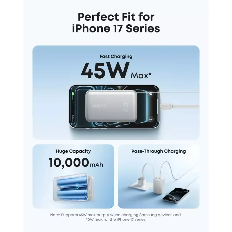 Išorinė baterija Anker Nano 45W su įmontuotu ištraukiamu USB-C laidu A1638H11 10000 mAh juoda