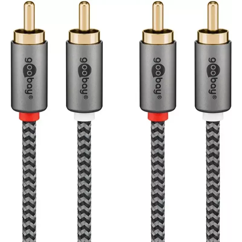 Garso kabelis WENTRONIC Goobay 65293 — 2 m, 2× RCA kištukas į 2× RCA kištuką, varis, auksuoti kontaktai, magnetinis ekranavimas, pilkas