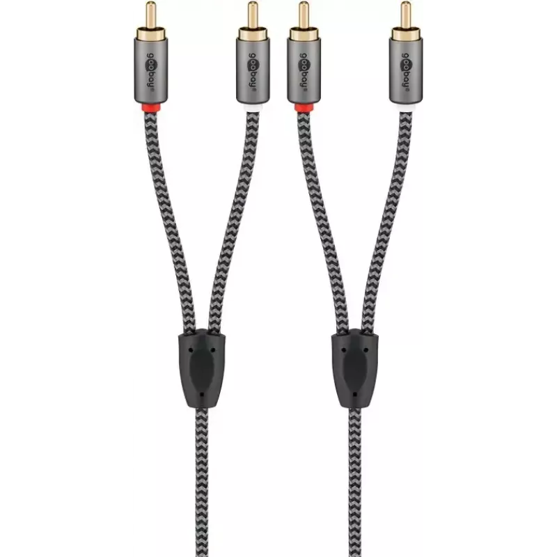 Garso kabelis WENTRONIC Goobay 65293 — 2 m, 2× RCA kištukas į 2× RCA kištuką, varis, auksuoti kontaktai, magnetinis ekranavimas, pilkas