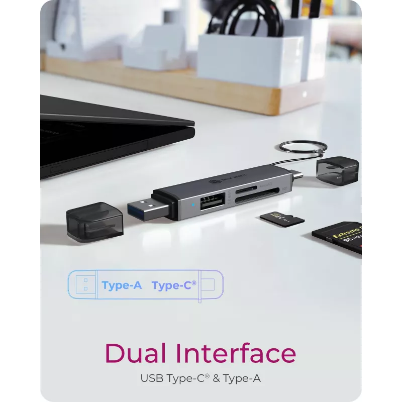 Kortelių skaitytuvas icybox 61179 — USB 3.2 Gen1 3-in-1, USB Type-C ir Type-A jungtys