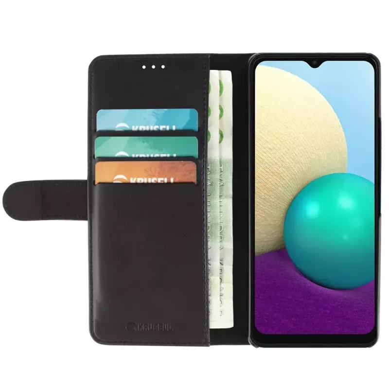 Dėklas-piniginė Krusell Galaxy A02 16,5 cm juoda, 3 kortelių kišenės