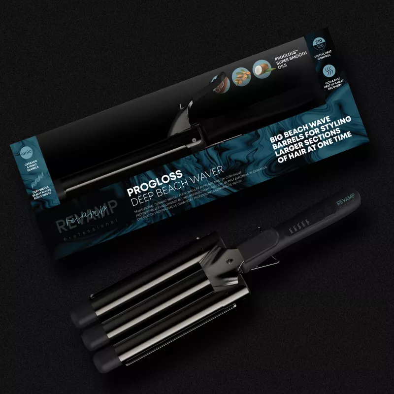 Revamp Progloss Deep Beach Waver Tekstūrinis garbanotuvas Warm Juoda 3 m