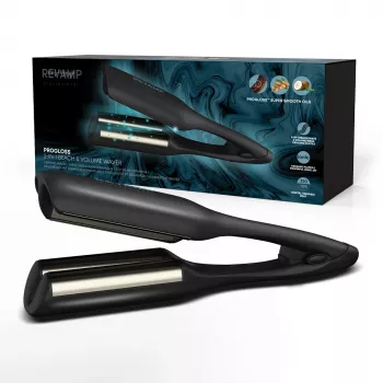 Revamp Progloss 2-in-1 paplūdimio ir apimties bangų formavimo garbanojimo žnyplės Warm Juoda 3 m